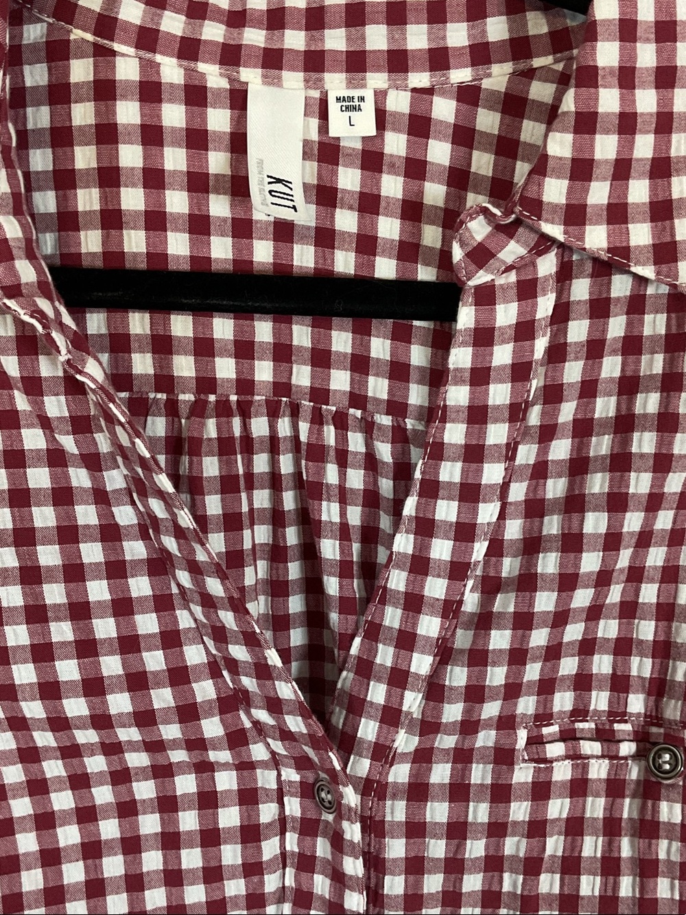 Kut From The Kloth Burgundy and White Gingham Plaid Button-Up Shirt Large - Picture 3 of 11